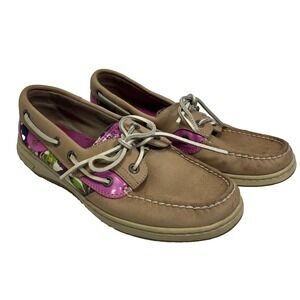 Sperry Top Sider Pink Floral & Tan Leather Boat Shoes Loafers Women's Size 7.5